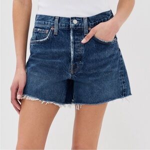 Agolde Parker Long Denim Short Caution Dark Wash Raw Hem Size 31
